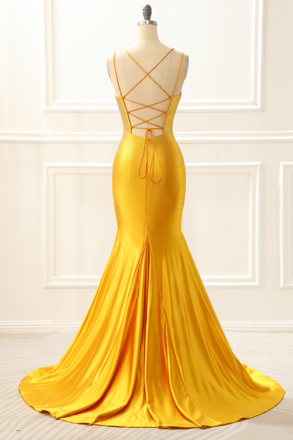 Yellow Satin Mermaid Glitter Prom Dress with Beading