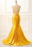 Yellow Satin Mermaid Glitter Prom Dress with Beading