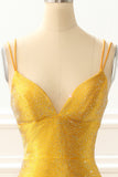 Yellow Satin Mermaid Glitter Prom Dress with Beading