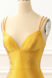 Yellow Satin Mermaid Glitter Prom Dress with Beading