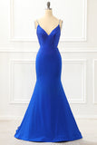 Mermaid Royal Blue Satin Glitter Prom Dress with Beading