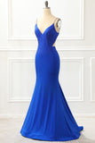 Mermaid Royal Blue Satin Glitter Prom Dress with Beading