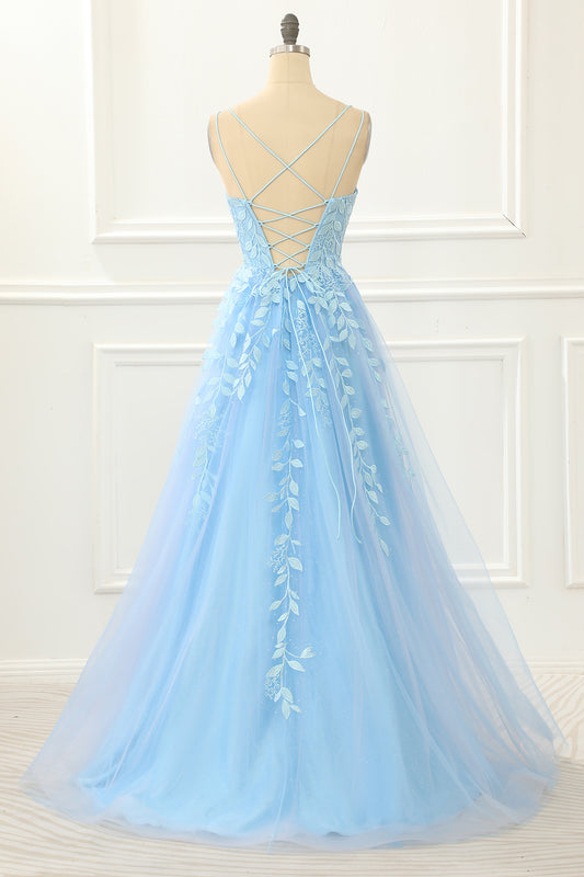 Blue Tulle Lace-up Back A Line Prom Dress with Appliques