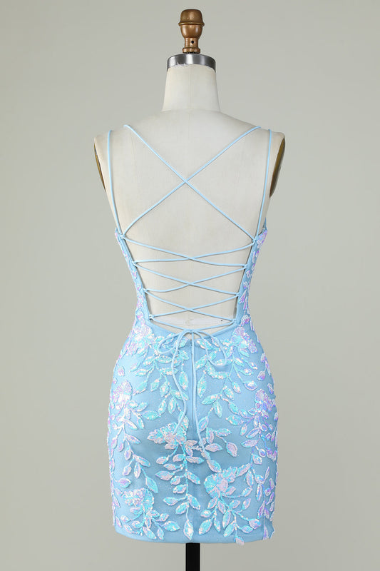 Glitter Lace-Up Back Light Blue Tight Homecoming Dress