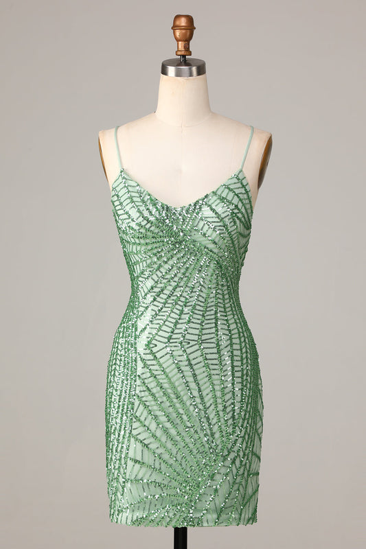 Sheath Spaghetti Straps Green Sequins Short Homecoming Dress with Criss Cross Back