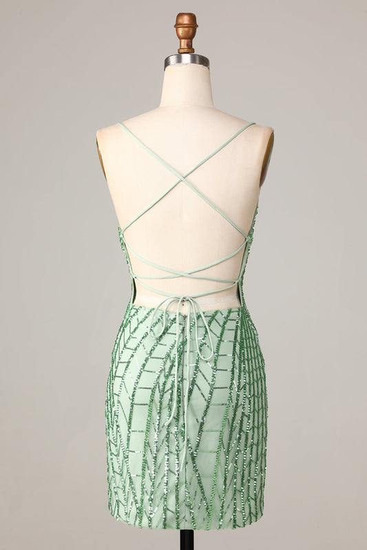 Sheath Spaghetti Straps Green Sequins Short Homecoming Dress with Criss Cross Back