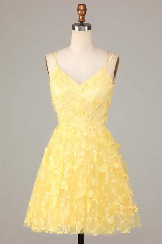 A Line Spaghetti Straps Yellow Short Homecoming Dress with Appliques
