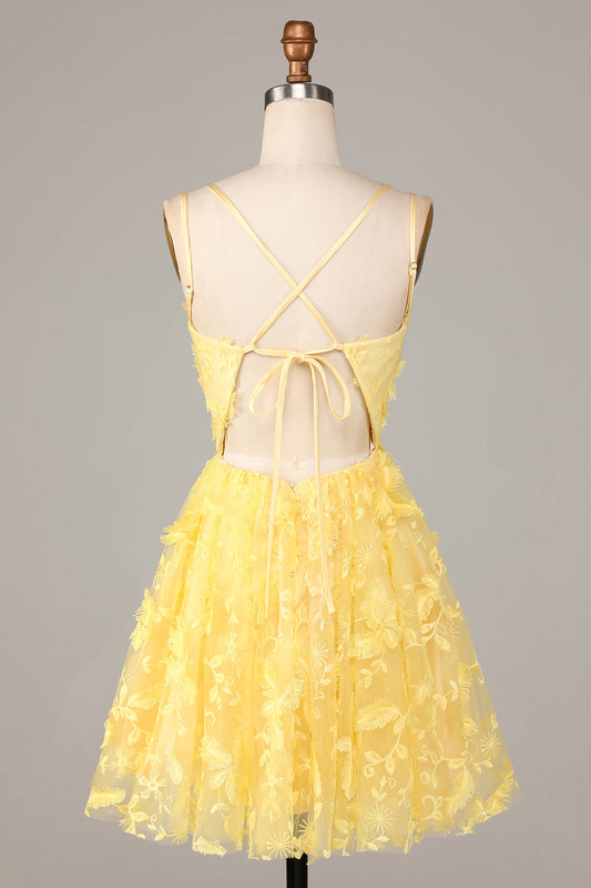 A Line Spaghetti Straps Yellow Short Homecoming Dress with Appliques