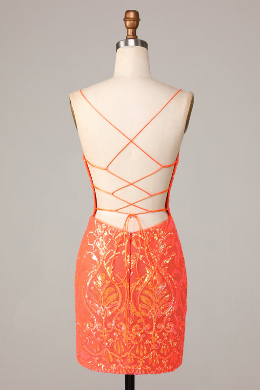 Bodycon Spaghetti Straps Orange Sequins Short Homecoming Dress