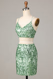 Two Piece Spaghetti Straps Green Sequins Short Homecoming Dress