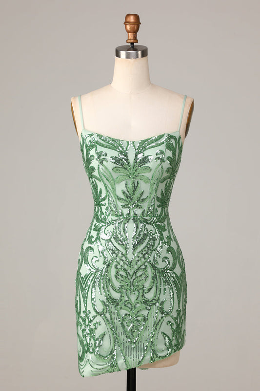 Bodycon Spaghetti Straps Green Sequins Short Homecoming Dress
