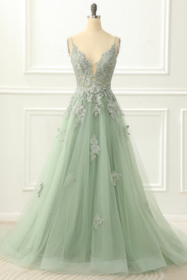 Spaghetti Straps Tulle Green Prom Dress with Appliques