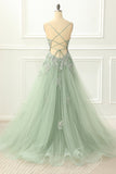 Spaghetti Straps Tulle Green Prom Dress with Appliques