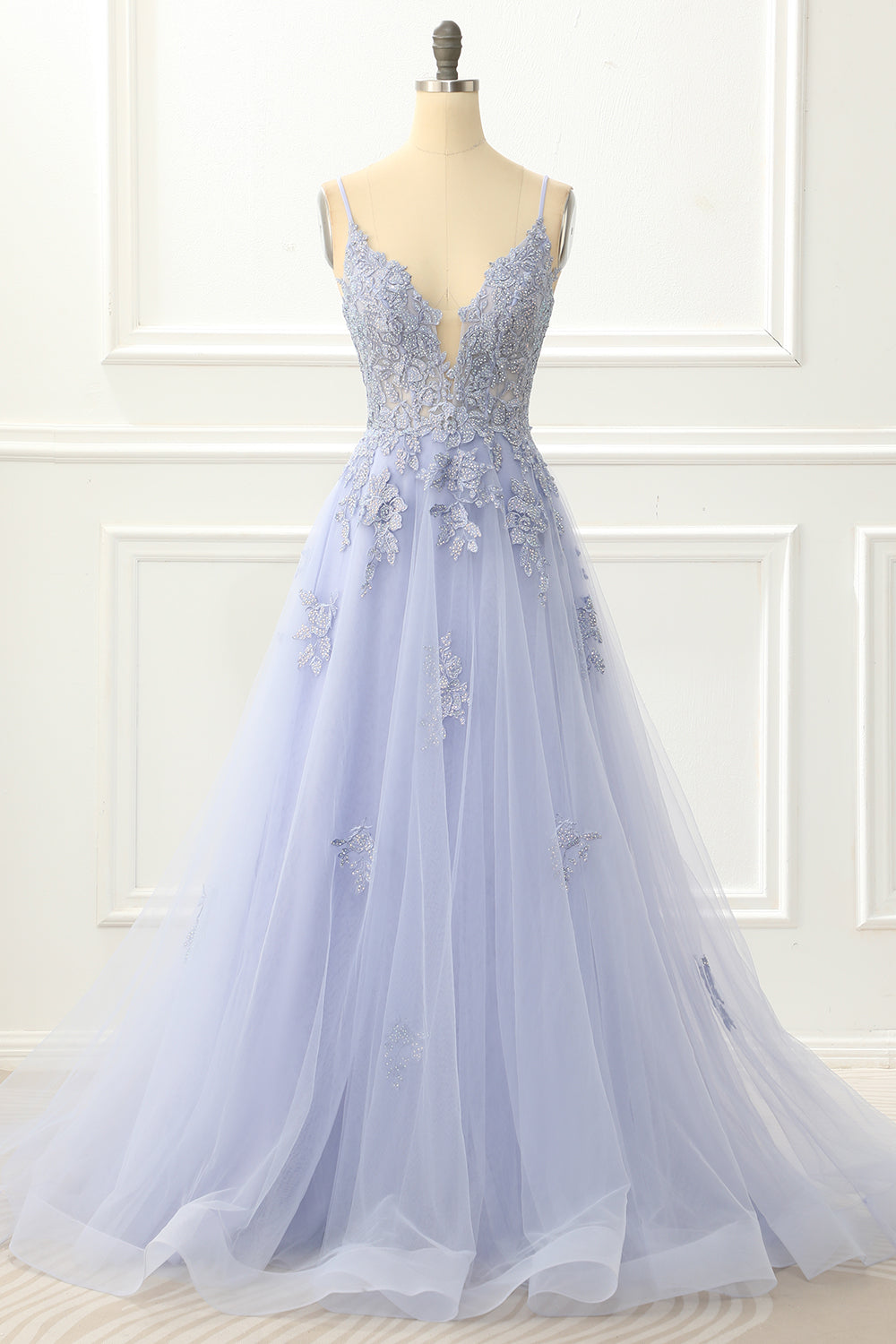 Spaghetti Straps Tulle Lavender Prom Dress with Appliques