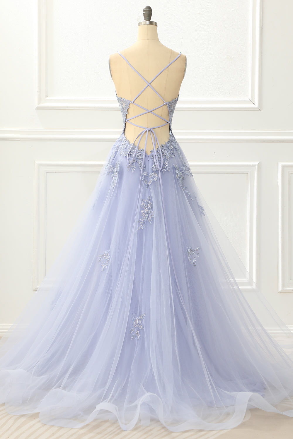 Spaghetti Straps Tulle Lavender Prom Dress with Appliques