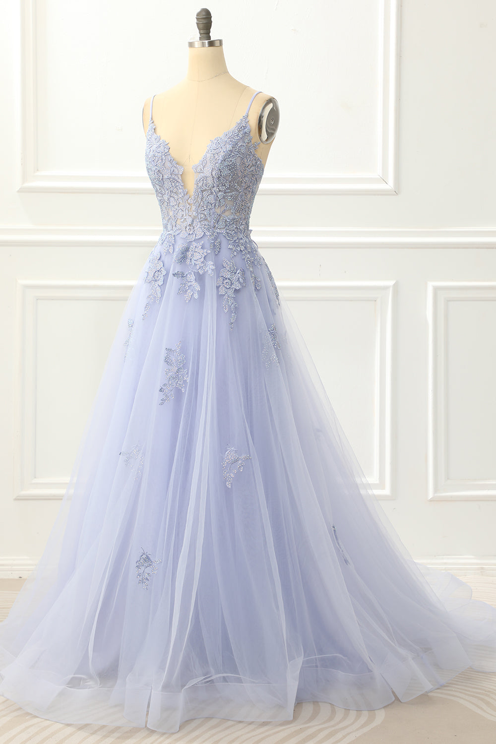 Spaghetti Straps Tulle Lavender Prom Dress with Appliques