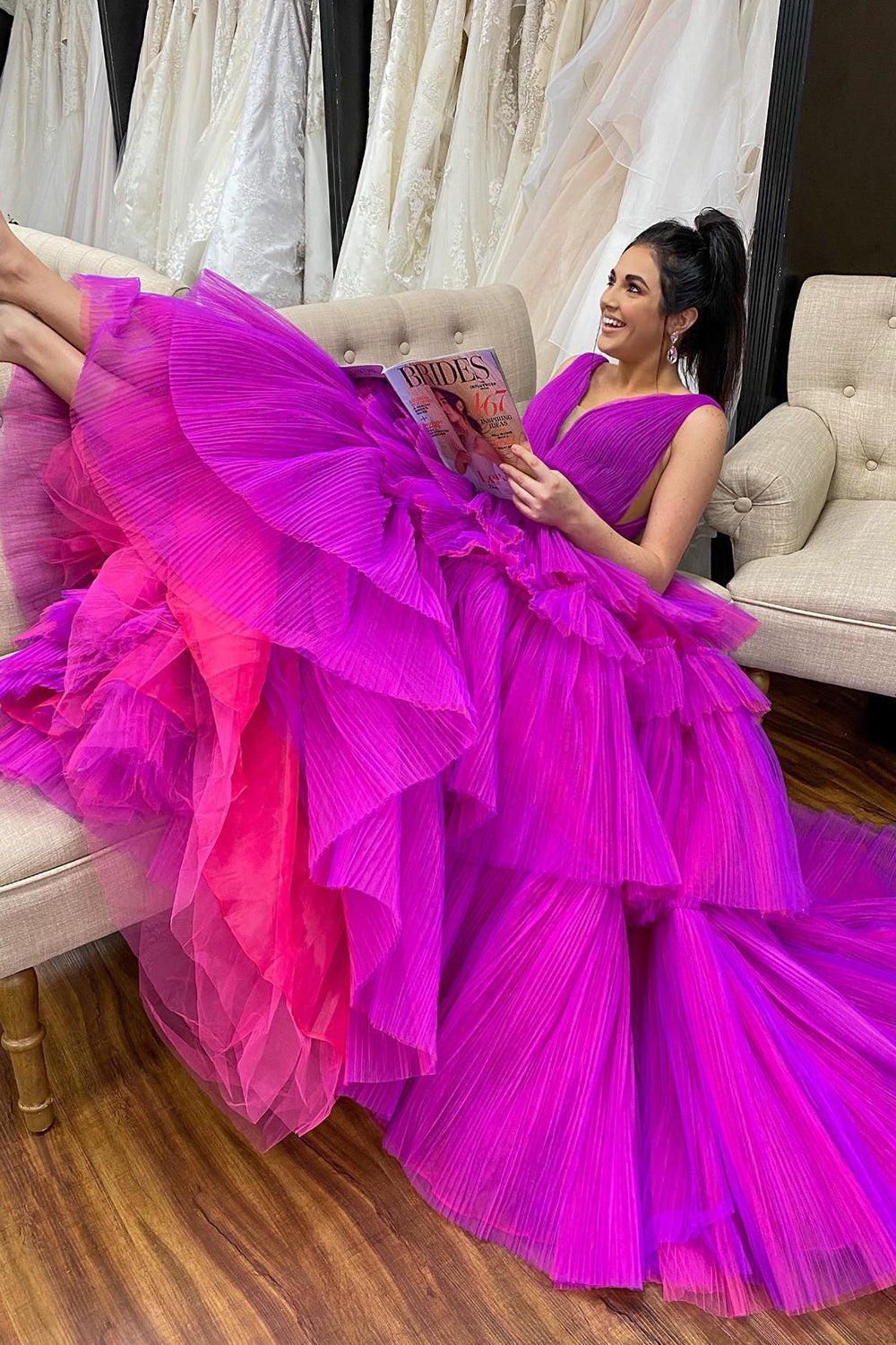 A-Line Purple Tiered Tulle Prom Dress