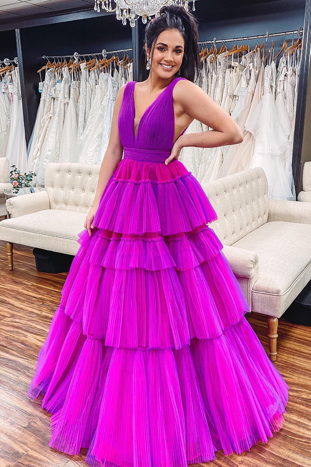 A-Line Purple Tiered Tulle Prom Dress