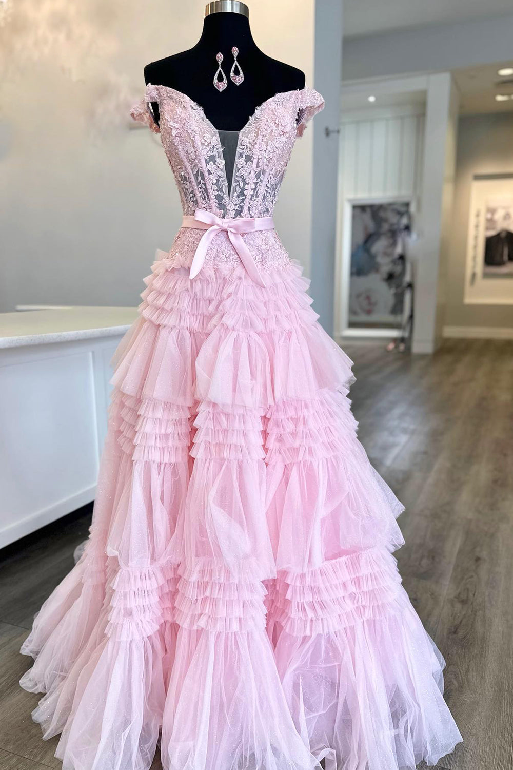 Princess A Line Off the Shoulder Light Pink Long Prom Dress with Ruffles