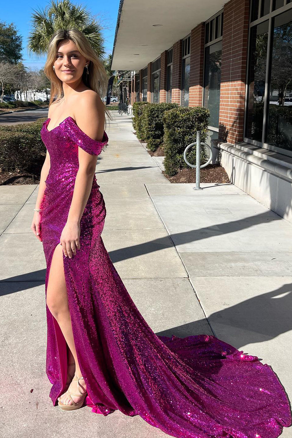 Blue Off Shoulder Mermaid Prom Dress with Slit