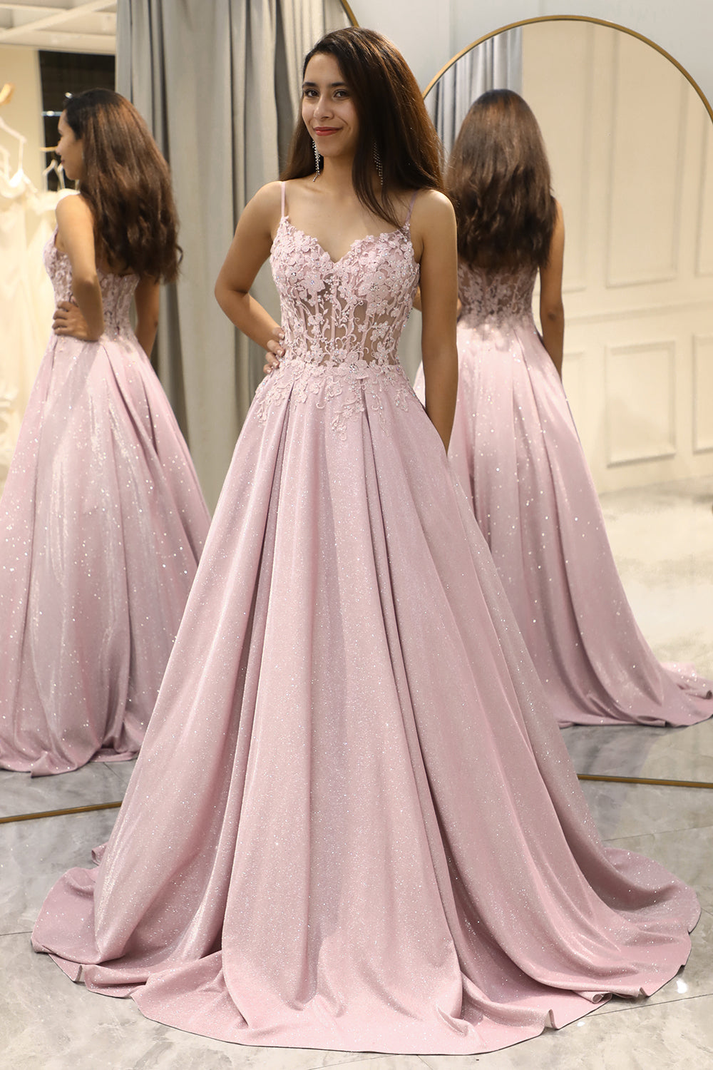 A Line Blush Beaded Spaghetti Straps Prom Dress