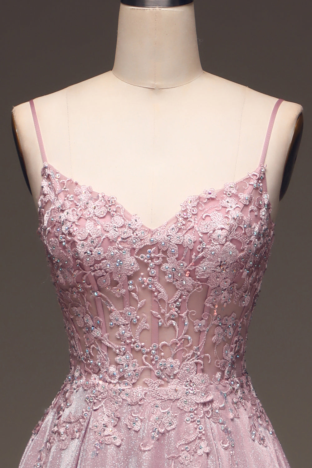 A Line Blush Beaded Spaghetti Straps Prom Dress