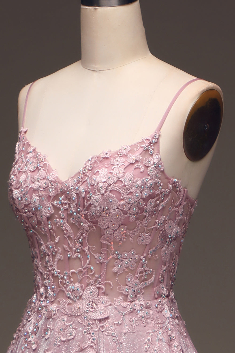 A Line Blush Beaded Spaghetti Straps Prom Dress