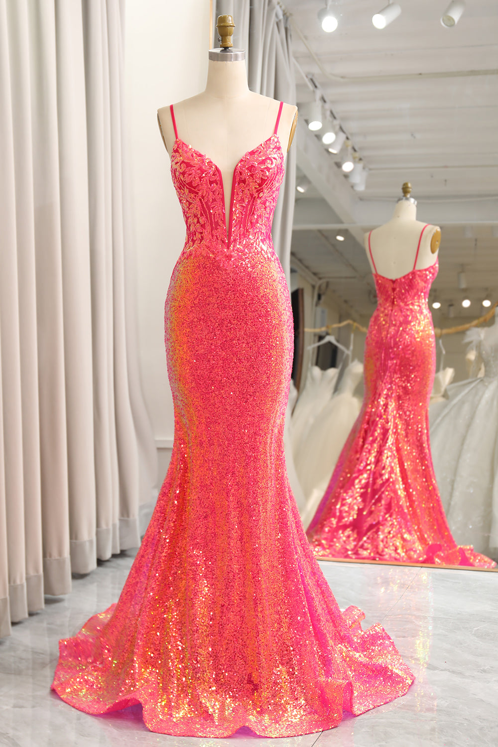 Fuchsia Sequins Mermaid Spaghetti Straps Prom Dress