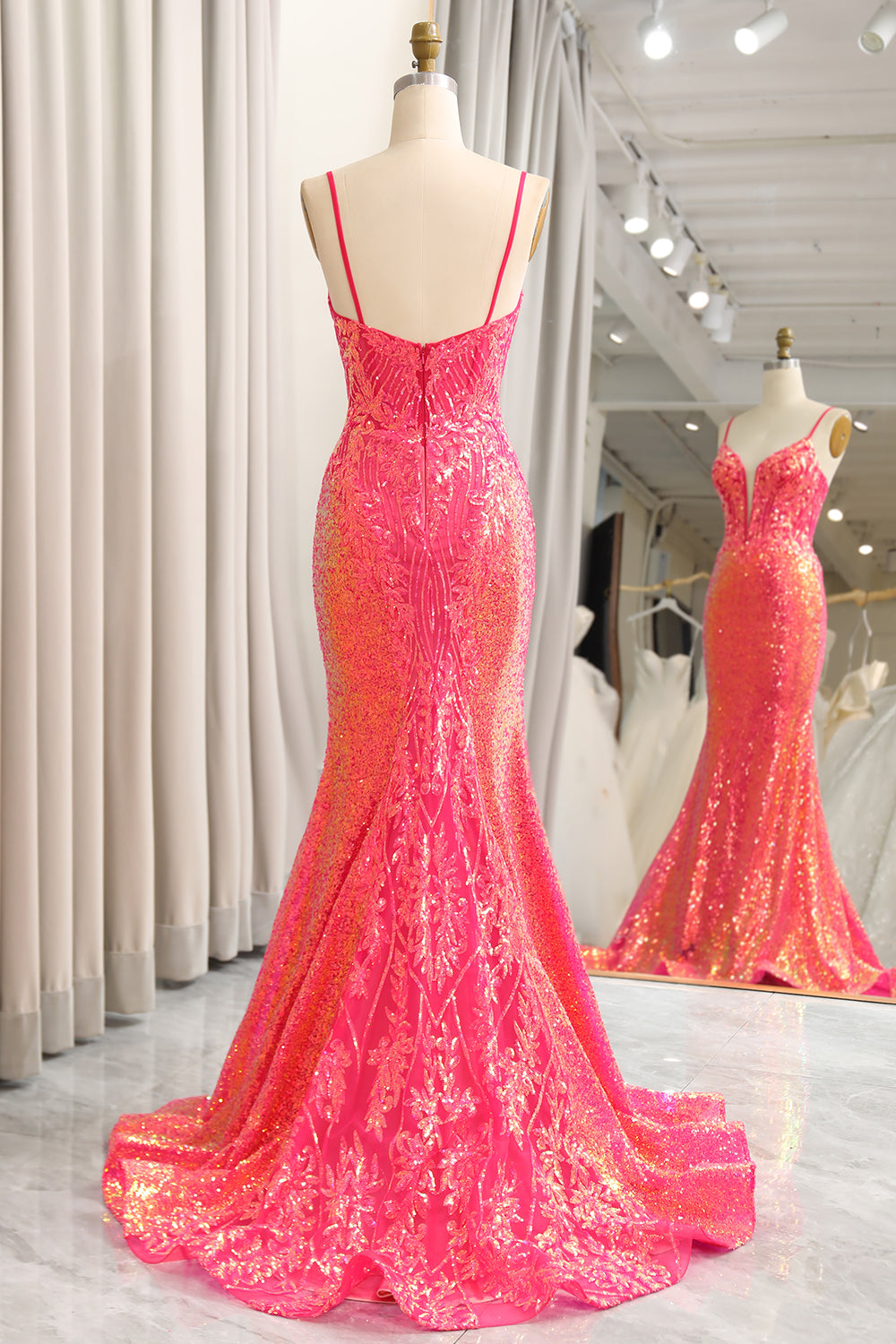 Fuchsia Sequins Mermaid Spaghetti Straps Prom Dress