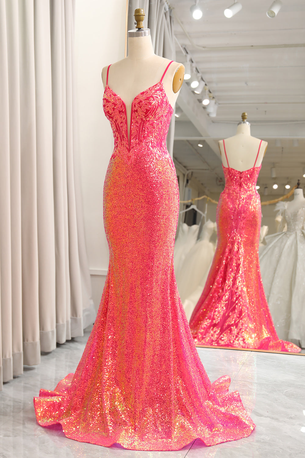 Fuchsia Sequins Mermaid Spaghetti Straps Prom Dress