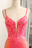 Fuchsia Sequins Mermaid Spaghetti Straps Prom Dress