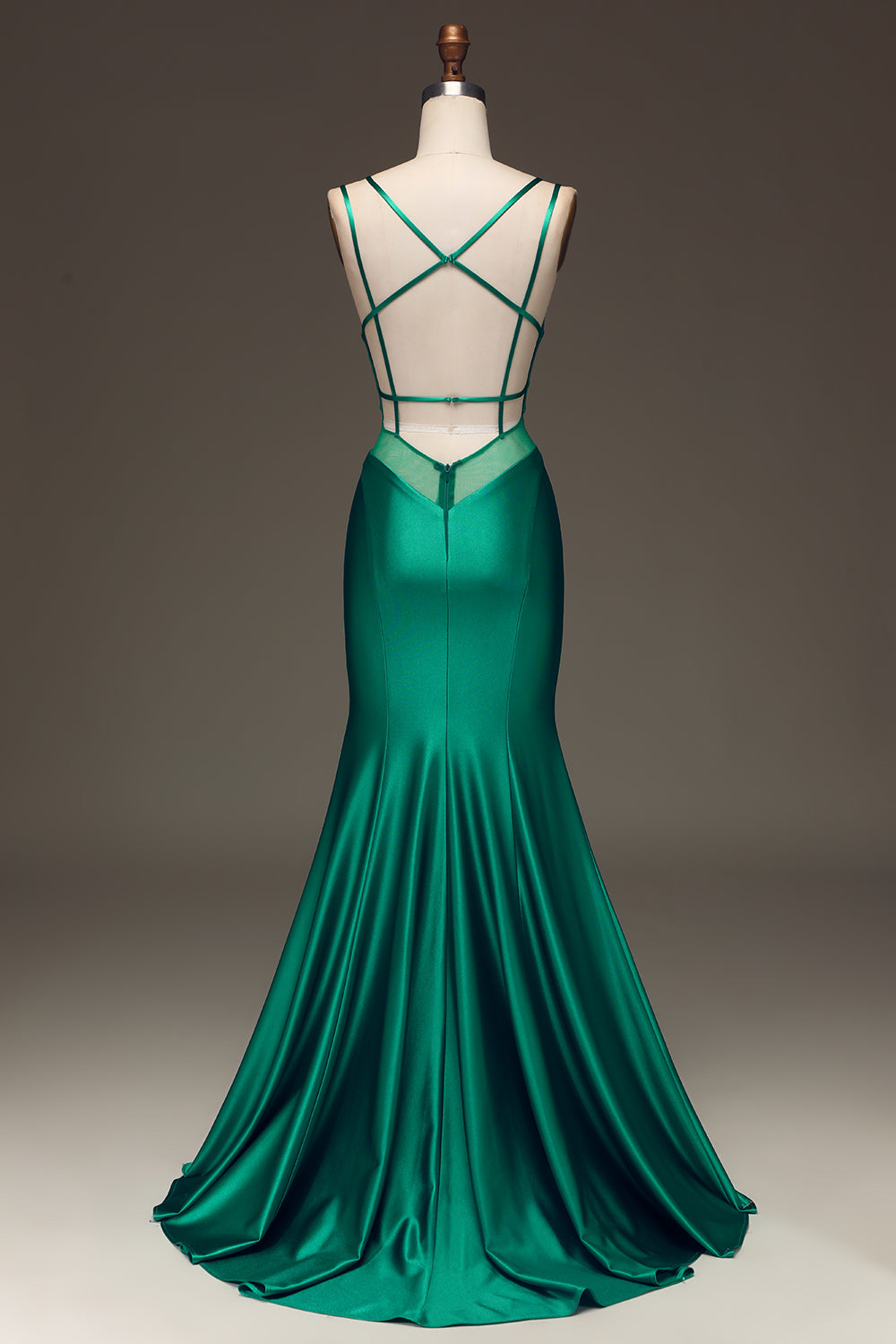 Green Deep V-neck Satin Mermaid Prom Dress with Lace-up Back