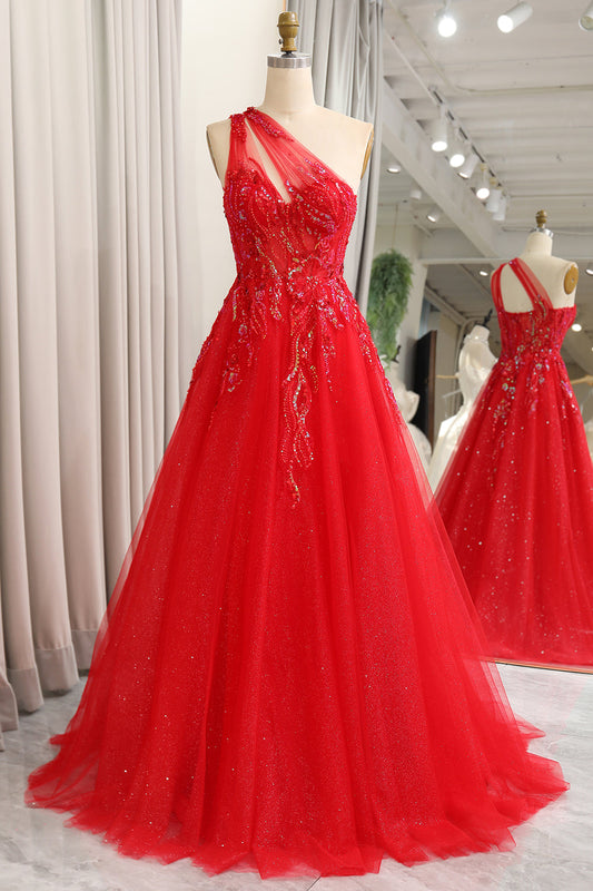 Sparkly Red A-Line One Shoulder Long Prom Dress With Sequins