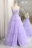 Sparkly A Line Appliqued Tiered Long Corset Lilac Prom Dress With Slit