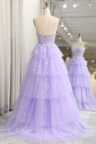 Sparkly A Line Appliqued Tiered Long Corset Lilac Prom Dress With Slit