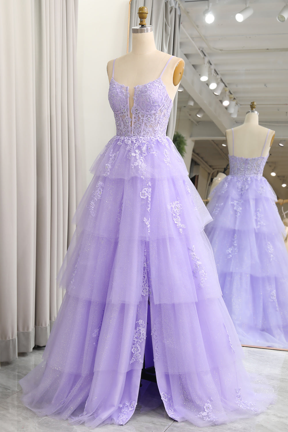 Sparkly A Line Appliqued Tiered Long Corset Lilac Prom Dress With Slit