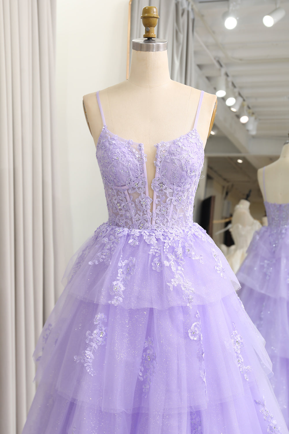 Sparkly A Line Appliqued Tiered Long Corset Lilac Prom Dress With Slit