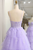 Sparkly A Line Appliqued Tiered Long Corset Lilac Prom Dress With Slit