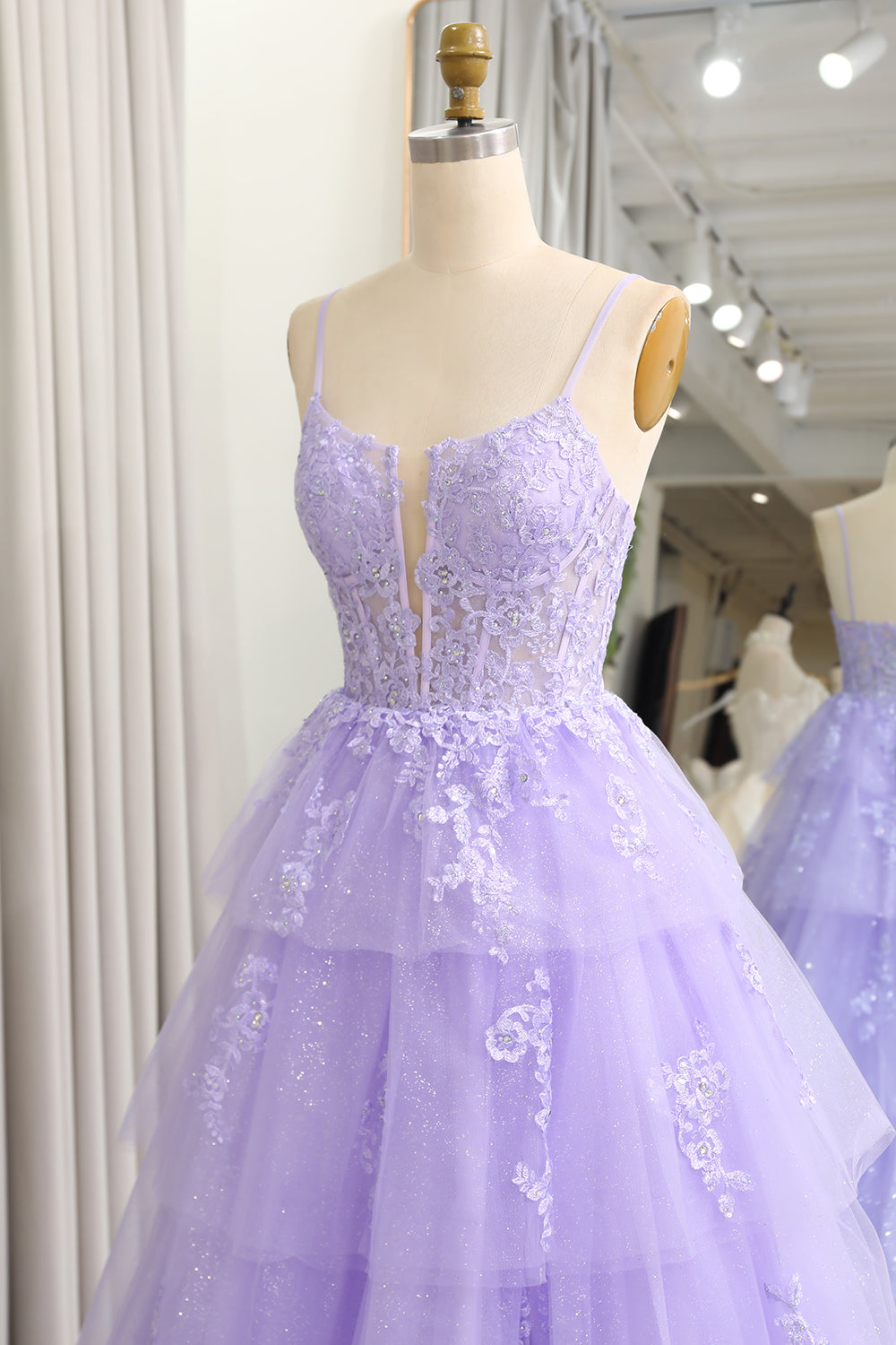 Sparkly A Line Appliqued Tiered Long Corset Lilac Prom Dress With Slit