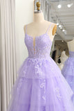 Sparkly A Line Appliqued Tiered Long Corset Lilac Prom Dress With Slit