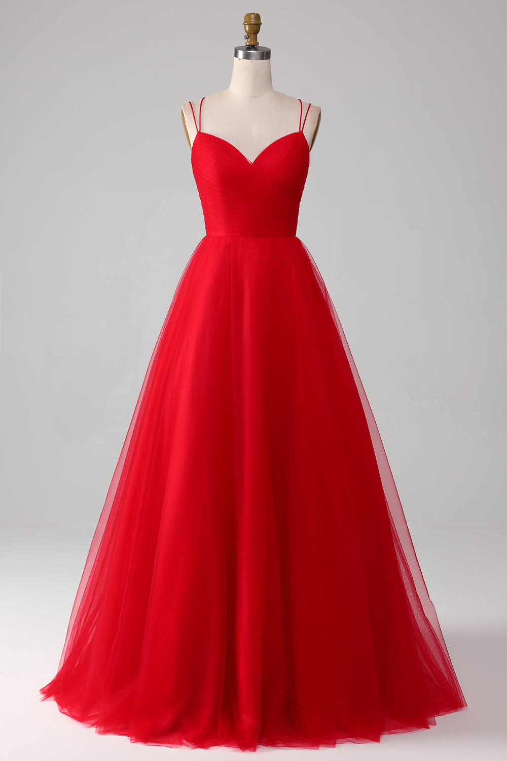 Red Ball-Gown/Princess V-Neck Tulle Pleated Long Prom Dress