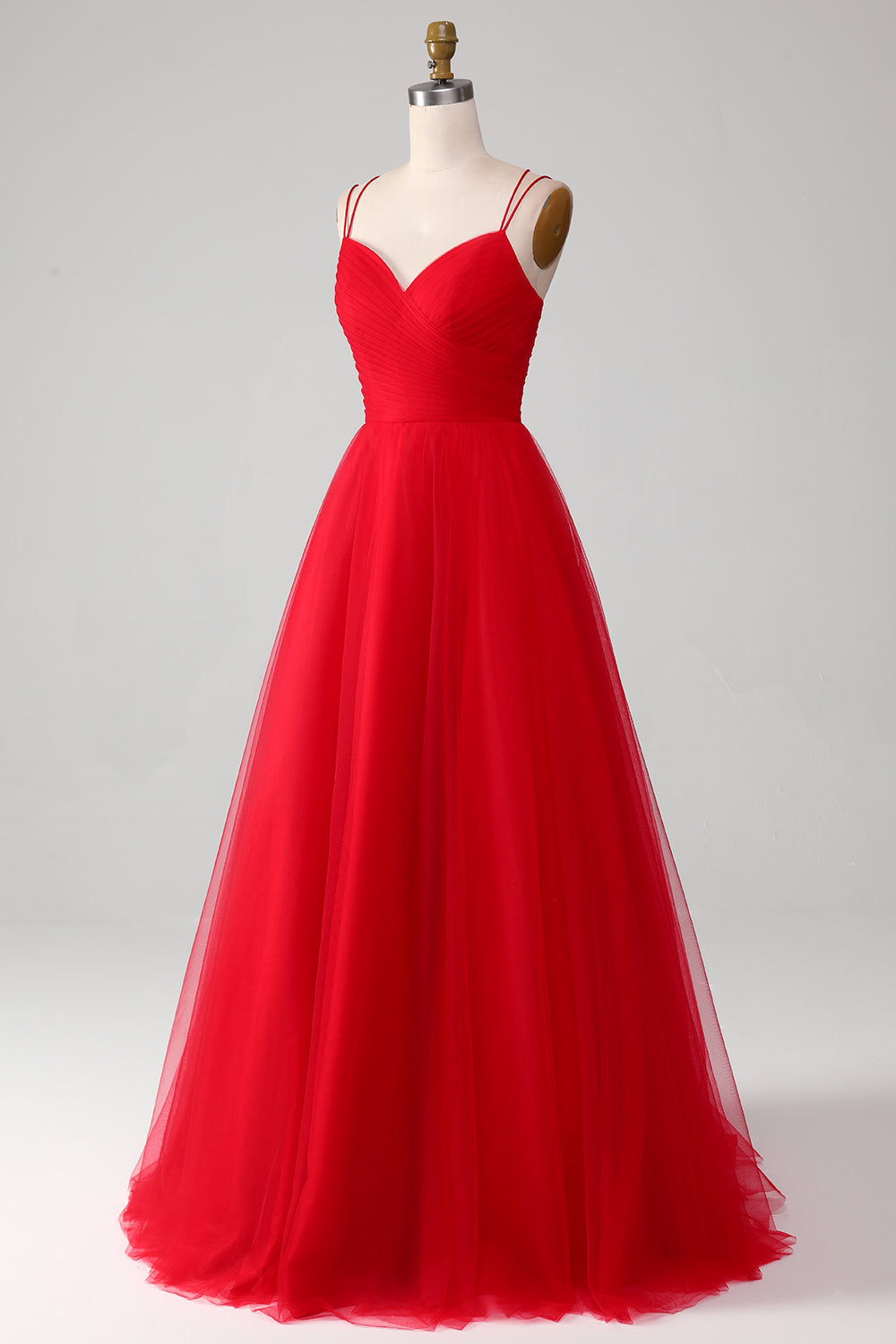 Red Ball-Gown/Princess V-Neck Tulle Pleated Long Prom Dress