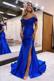 Royal Blue Mermaid Off The Shoulder Court Train Long Dress With Split