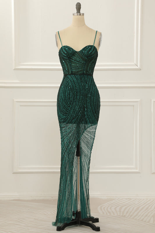 Dark Green Sequin Sparkly Prom Dress with Slit