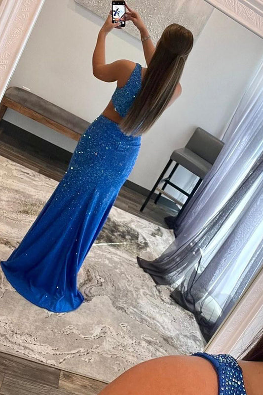 Sparkly Royal Blue One Shoulder Sheath Long Prom Dress