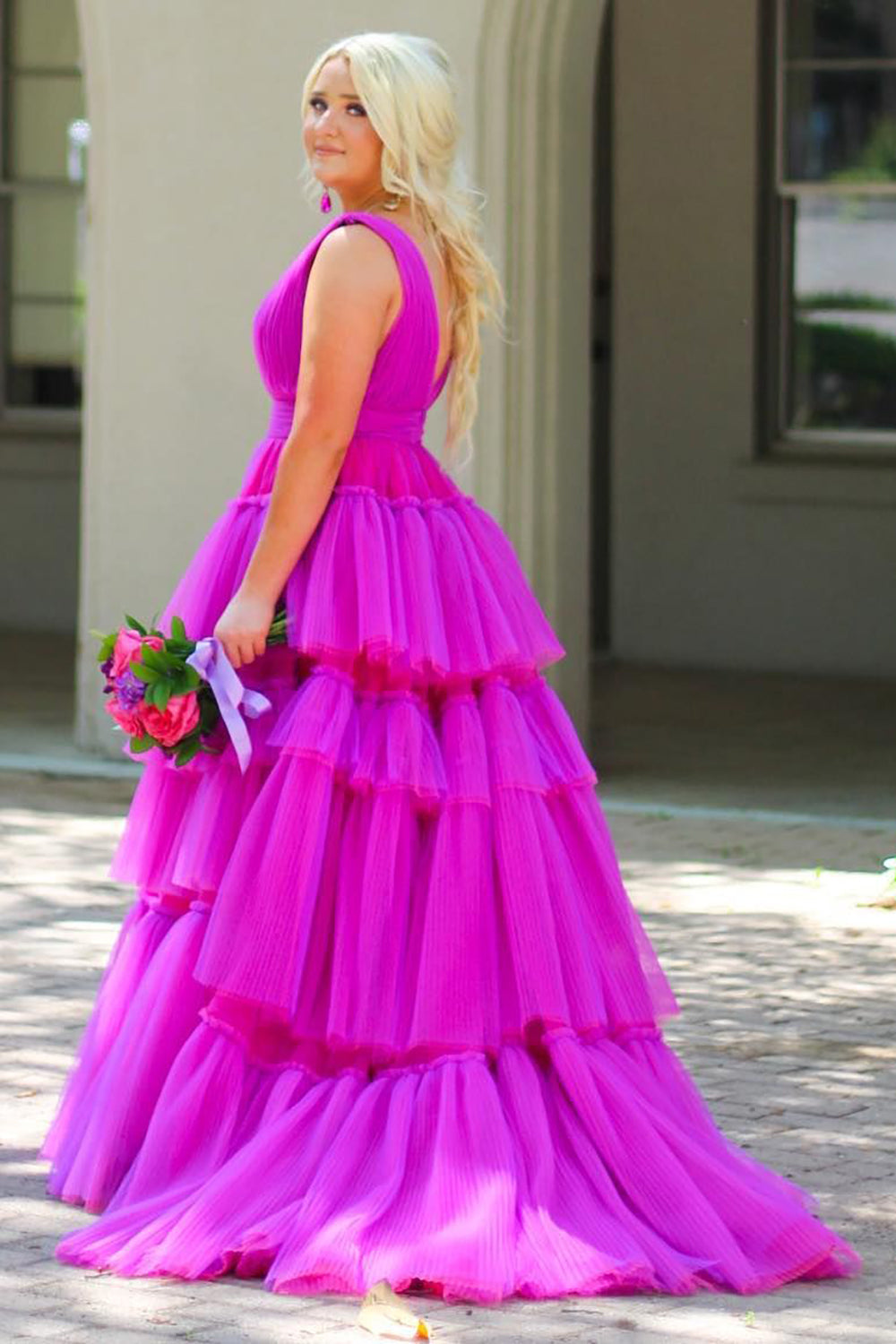 A-Line Purple Tiered Tulle Prom Dress