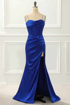 Spaghetti Straps Royal Blue Mermaid Prom Dress With Slit