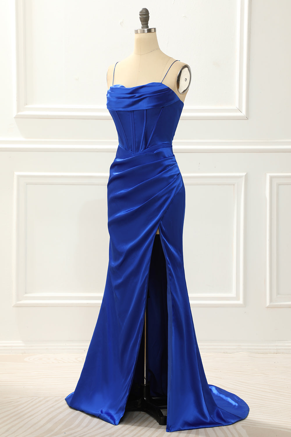 Spaghetti Straps Royal Blue Mermaid Prom Dress With Slit