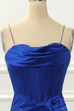 Spaghetti Straps Royal Blue Mermaid Prom Dress With Slit