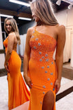 Orange Mermaid One Shoulder Long Prom Dress with Star Appliques